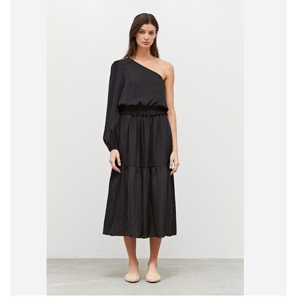 Grade & Gather Black Satin One Shoulder Midi Dress NWT Size Small - Picture 1 of 13